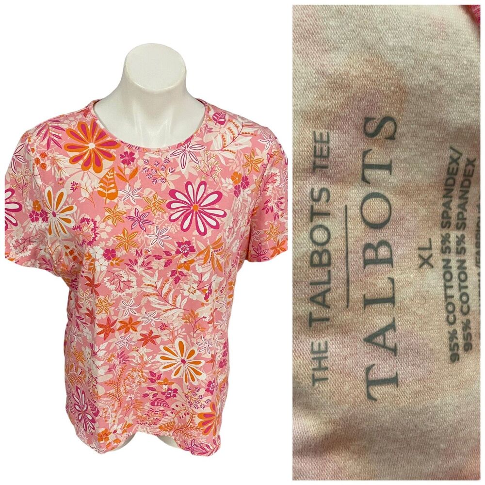 Talbots Top Womens XL Tee Floral Shirt Pink Orange Work Office Coastal Cottage - Picture 8 of 12